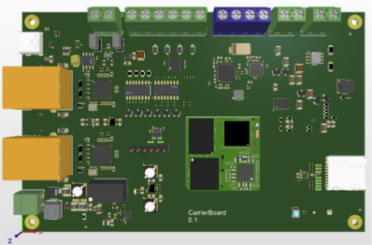 Figure 1: The example CarrierBoard with the byteENGINE STM32MP2 module placed on top.
